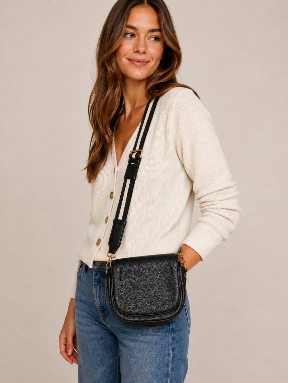 India Hicks Black Leather Saddle Crossbody Bag Striped Strap